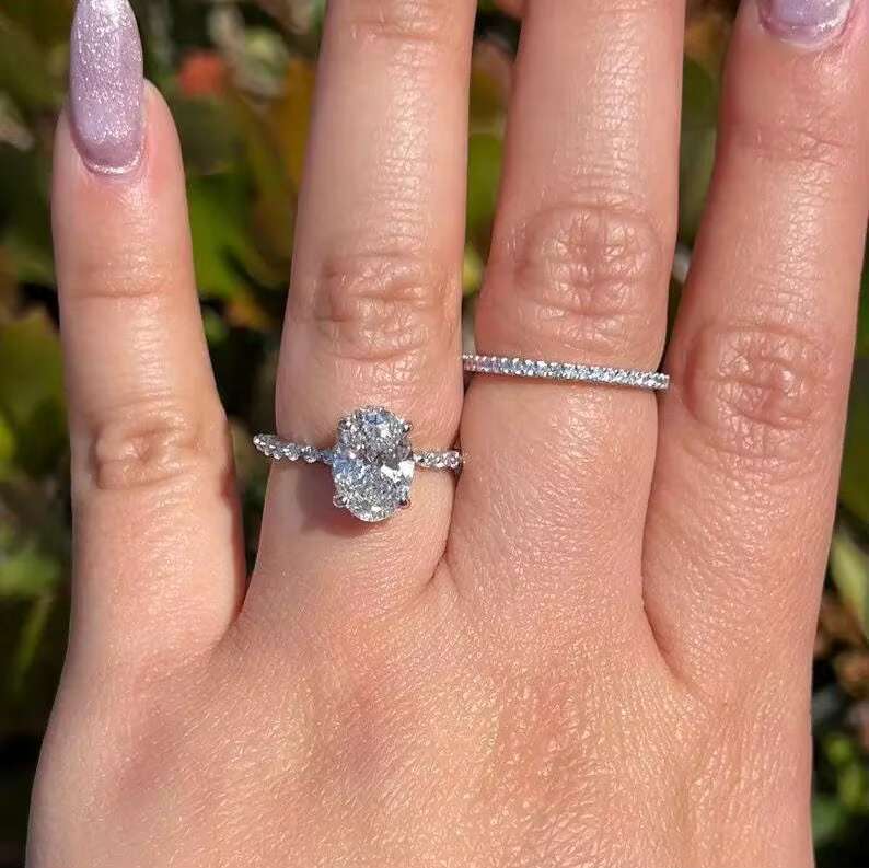 White Oval Moissanite Engagement Ring Real White Gold Plated halo Bridal Handmade Gift Women Her Oval Anniversary Ring Set