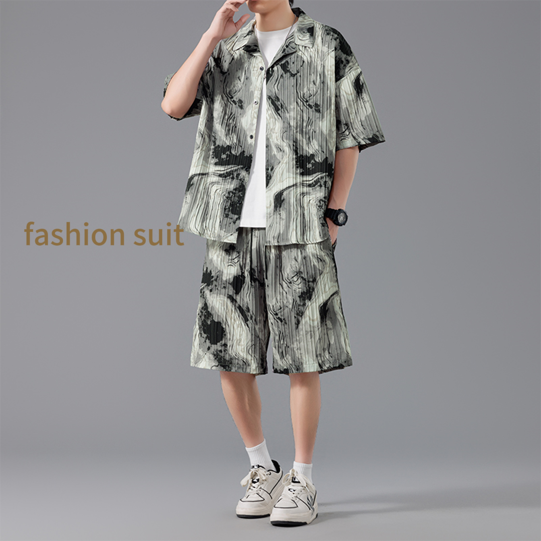 Summer Men's Designer Ice Silk Tie-Dye Beachwear Set Thin Loose Linen Shirt & Shorts Luxury Casual Collection