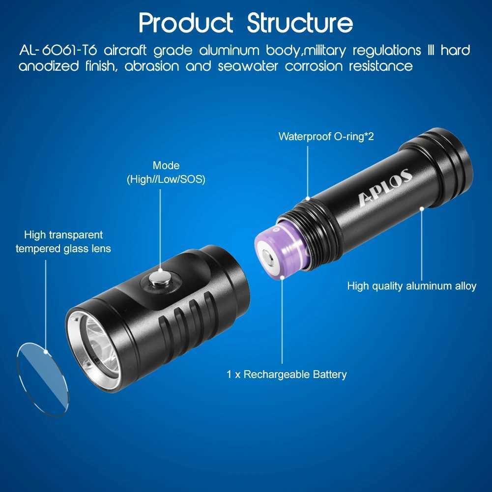 APLOS AP01 1050 Lumens Diving Flashlight XM-L2 5000k LED Scuba Dive Light IPX8 Waterproof Underwater 100m Rechargeable Torch W250701