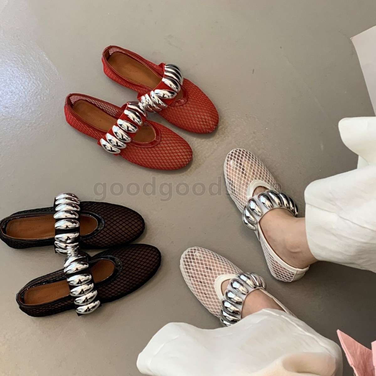2025 loafers womens ballet flats heels mary jane shoes summer breathable hollow out mesh elegant ballerina luxury designer metal buckle dress shoes