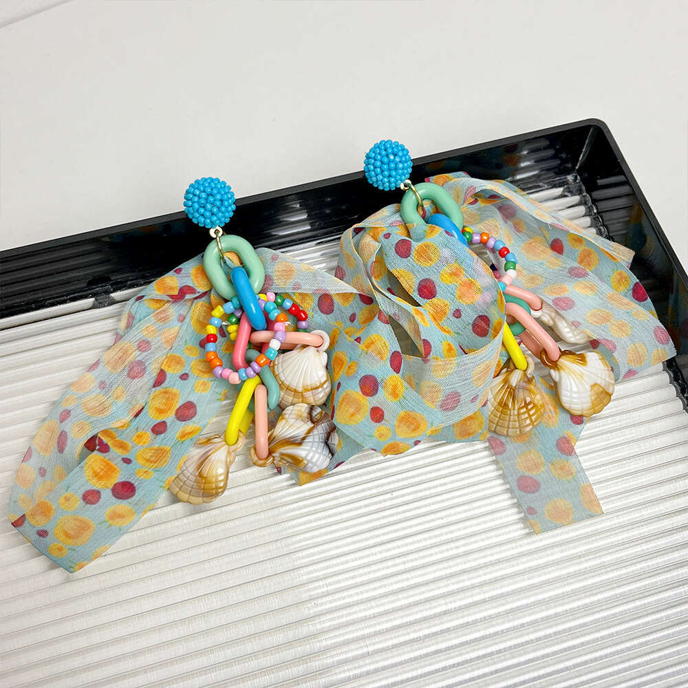 Dopamine Colorful Polka Dot Chiffon Bowknot for Women, Designer Style Rice Bead Long Hoop Shell Tassel Earrings