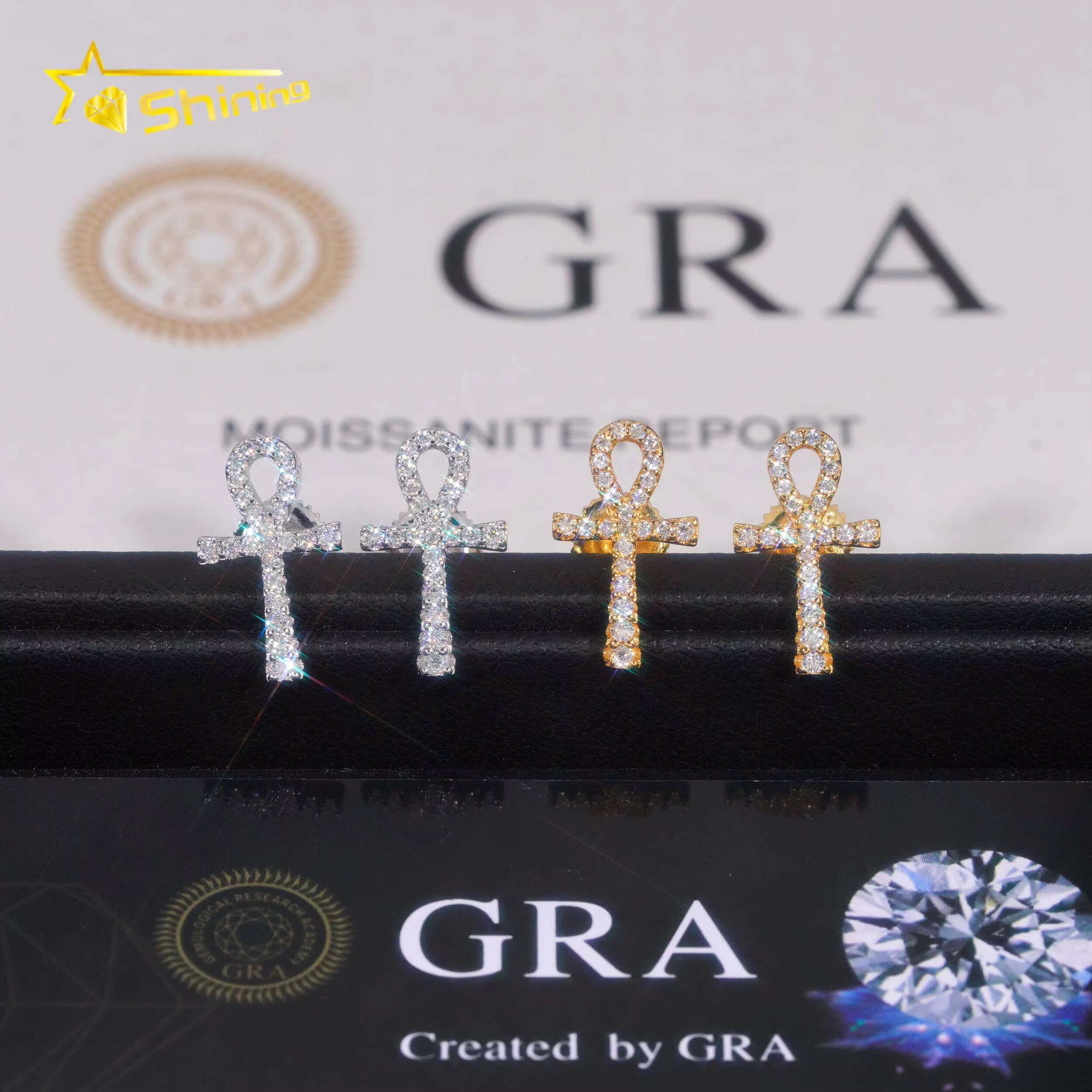 Ready to Ship Hip Hop Jewelry 925 Sterling Silver Gold Plated Iced Out Moissanite Men Cross Stud Earrings With GRA