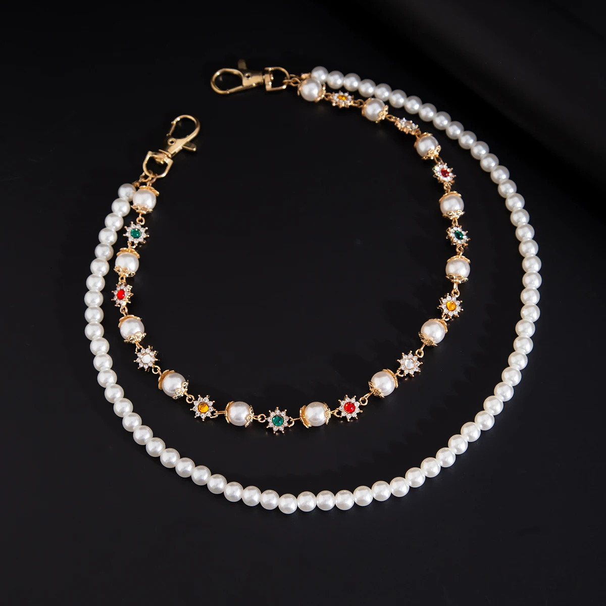 IngeSight.Z Fashion Pearl Rhinestone Flower Jeans Chain Keychain Men Women Trousers Hipster Pant Chain HipHop Jewelry 250717