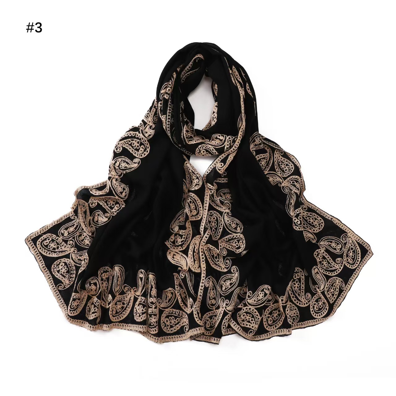 T1075 all-match classic black embroidered polyester long scarf headscarf ethnic style four-circle embroidered arc edge female shawl scarf