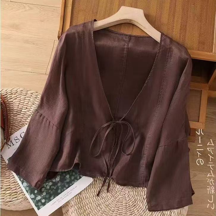 K1144 Chinese style cotton and linen sun-proof shirt cardigan loose solid color literary summer thin lace short jacket casual top