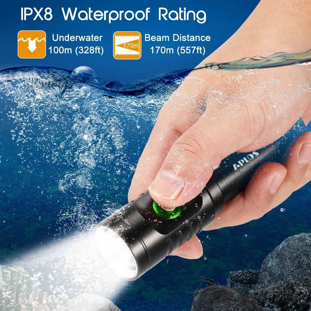 APLOS AP01 1050 Lumens Diving Flashlight XM-L2 5000k LED Scuba Dive Light IPX8 Waterproof Underwater 100m Rechargeable Torch W250701
