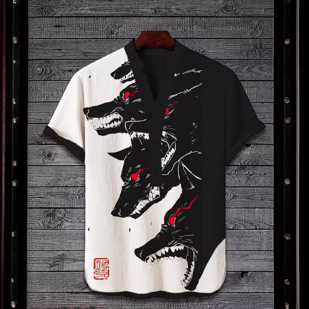 Men Summer Shirts Short Sleeve Shirt Casual Style New 3D Digital Heat Transfer Printed Animal Landscape Pattern 3-Button Stand Collar Short Sleeve Shi