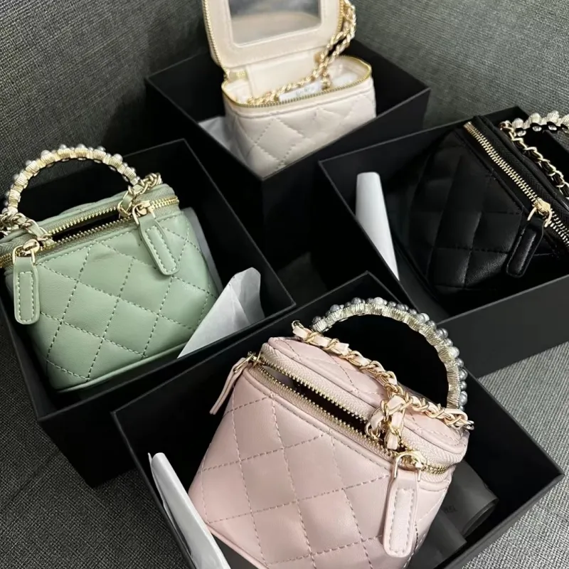 2C Pearl handle square zipper makeup case Chain shoulder strap with makeup mirror Available in 4 colors including gift box