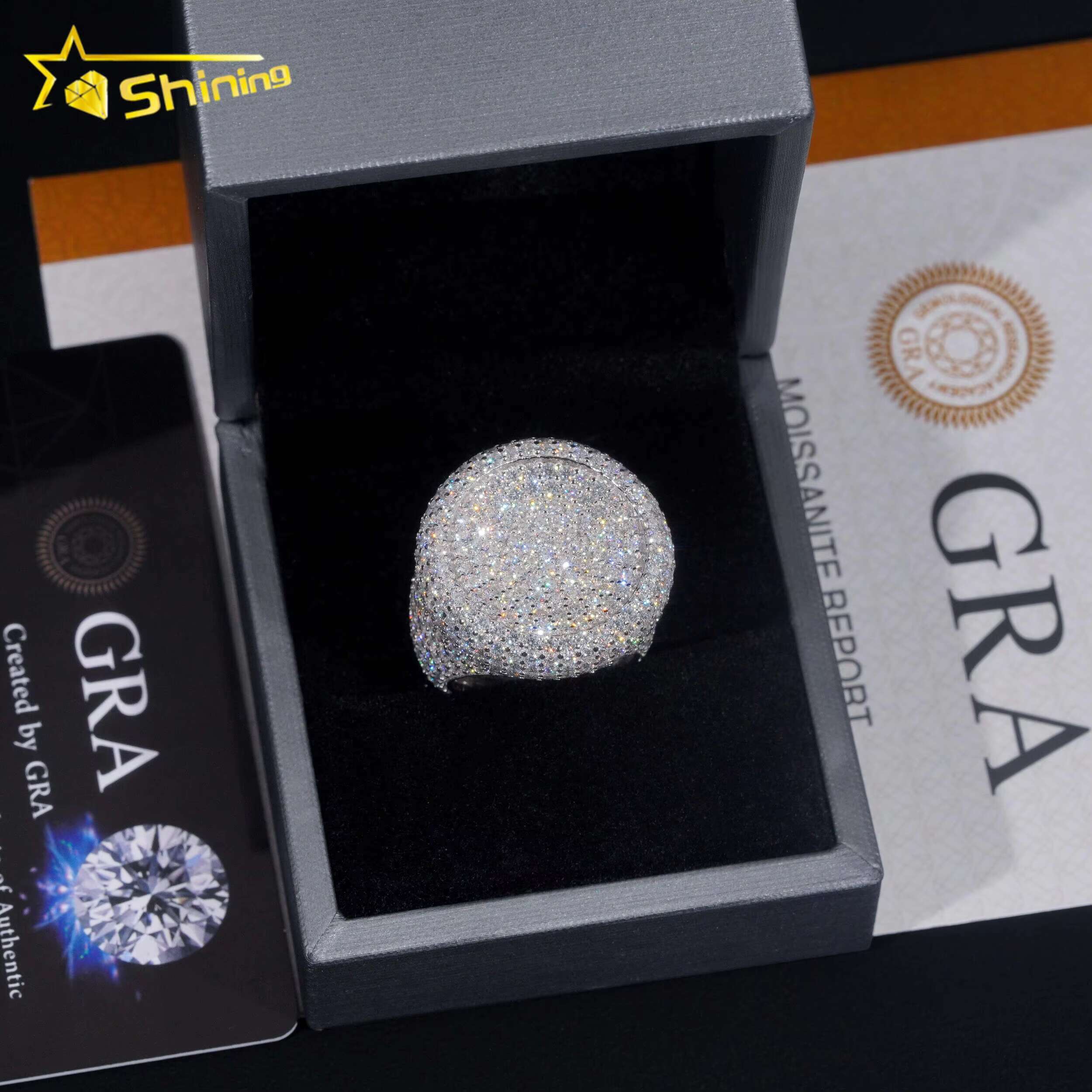 Stock Pass Diamond Tester Hip Hop Jewelry 925 Silver Fully Iced Bubble Edge Round Diamond Moissanite Men Ring Pinky Ring