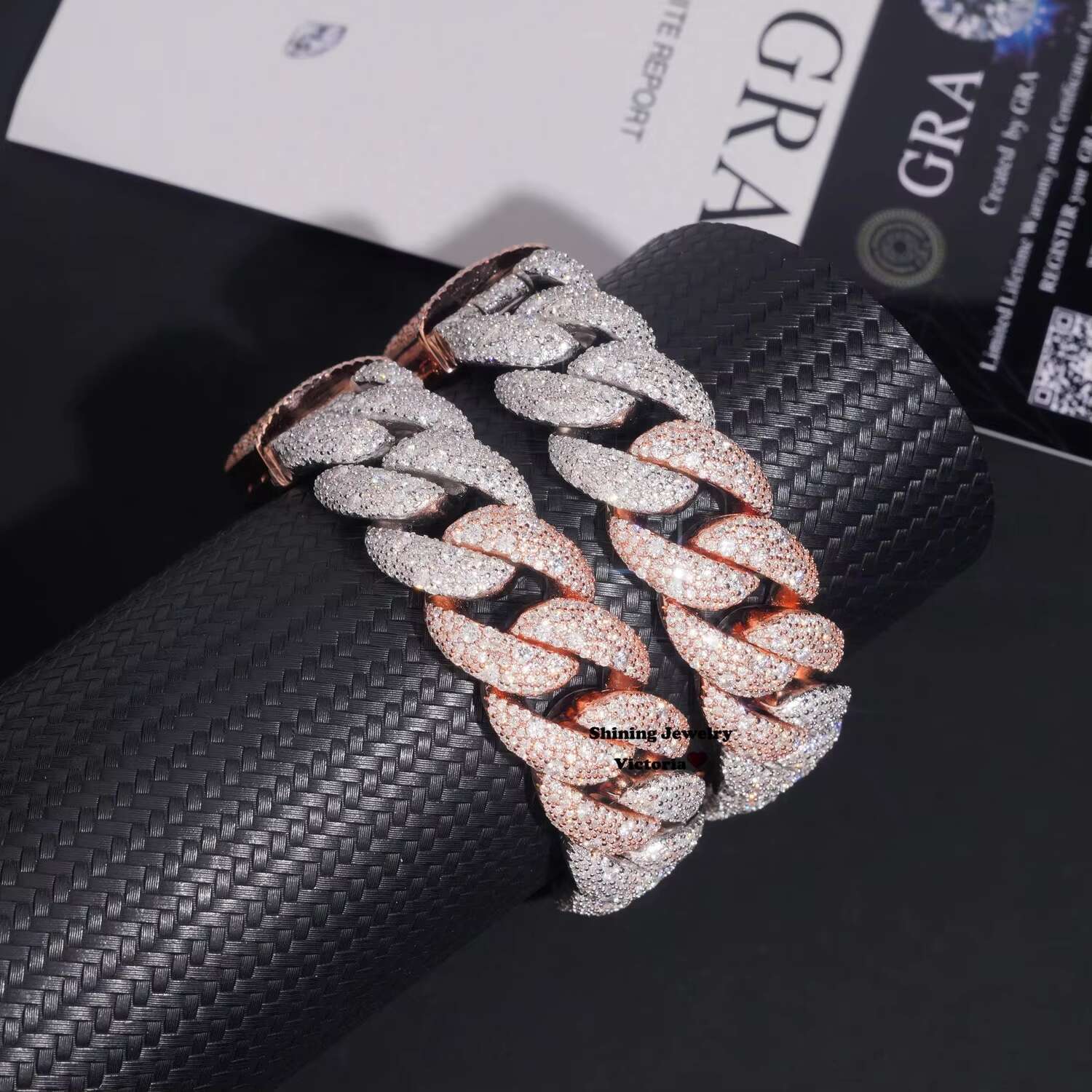 Rose Gold Mix White Gold Two Tone Mosaic Setting Moissanite Cuban Link Bracelet 18MM Fully Iced Out