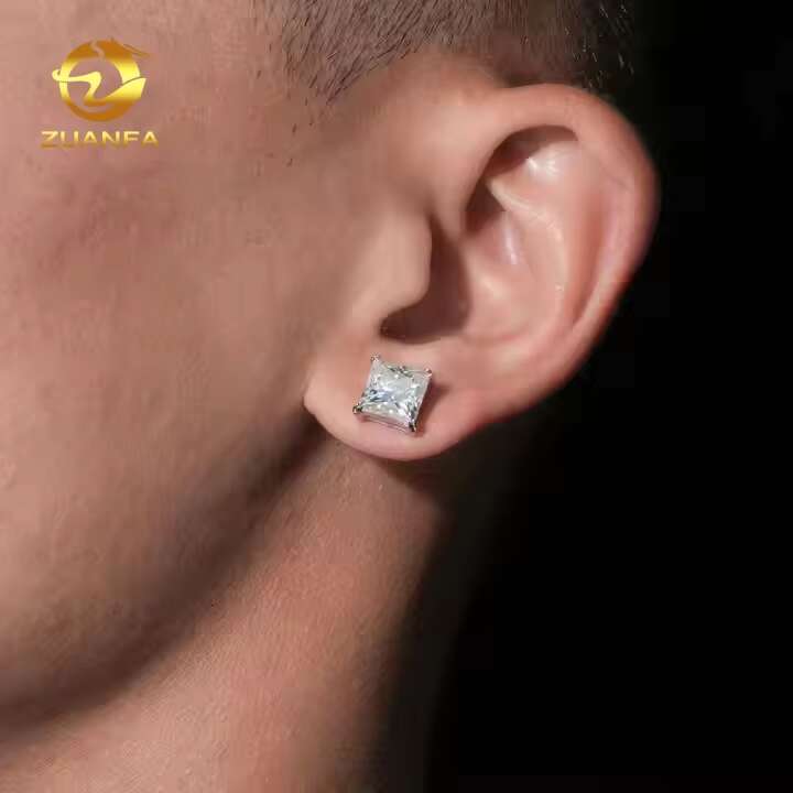Wholesale Fashion Jewelry Princess Cut Single Diamond Ear Studs VVS Moissanite 925 Sterling Silver Stud Earring for Men Women