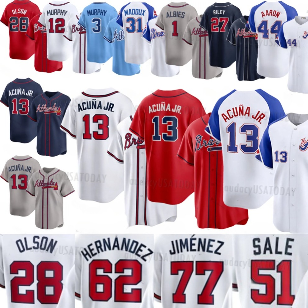 13 Ronald Acuna Jr. Baseball Jersey 28 Matt Olson 7 Dansby Swanson 54 Max Fried Braves Austin Riley Ozzie Albies Dale Murphy Marcell Ozuna Wright Rosario