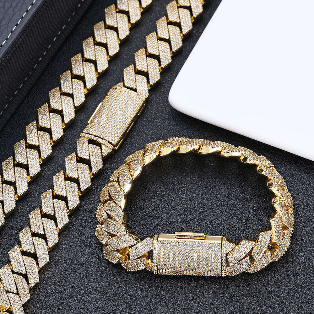 Hip Hop Zircon Necklace 15mm Four Rows Inlaid Dia Rhombus Cuban Chain Men's Bracelet Jewelry b558