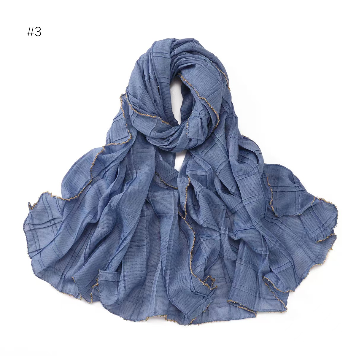 T1072 new simple silver silk wrinkled lattice inlaid solid color chain gold edge scarf fresh and versatile Baotou