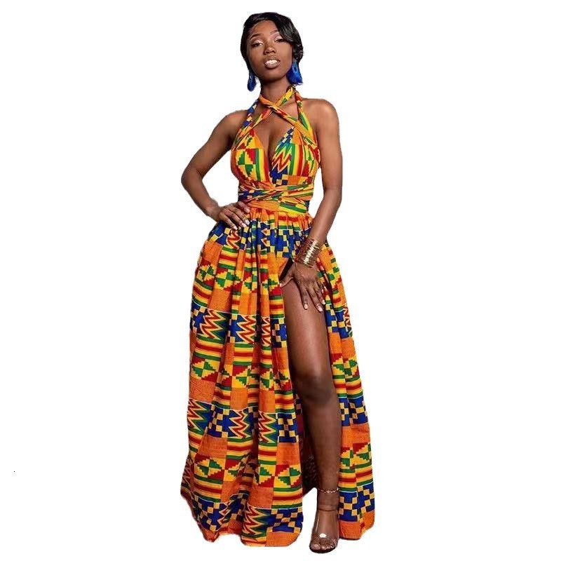 Feather Print Tie Multi-Way Dress Ethnic Style Womens Sexy Split Long Dress 210422