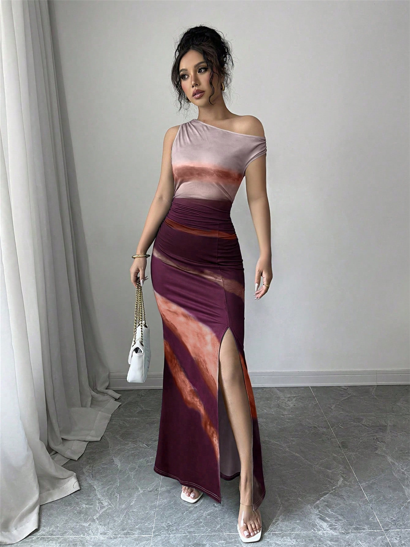 M626New hot contrast color temperament slim shoulder sleeveless slit dress