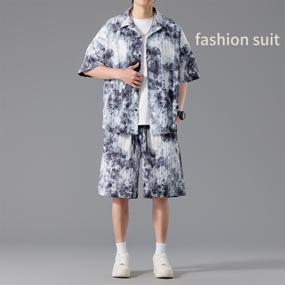 Summer Men's Designer Ice Silk Tie-Dye Beachwear Set Thin Loose Linen Shirt & Shorts Luxury Casual Collection