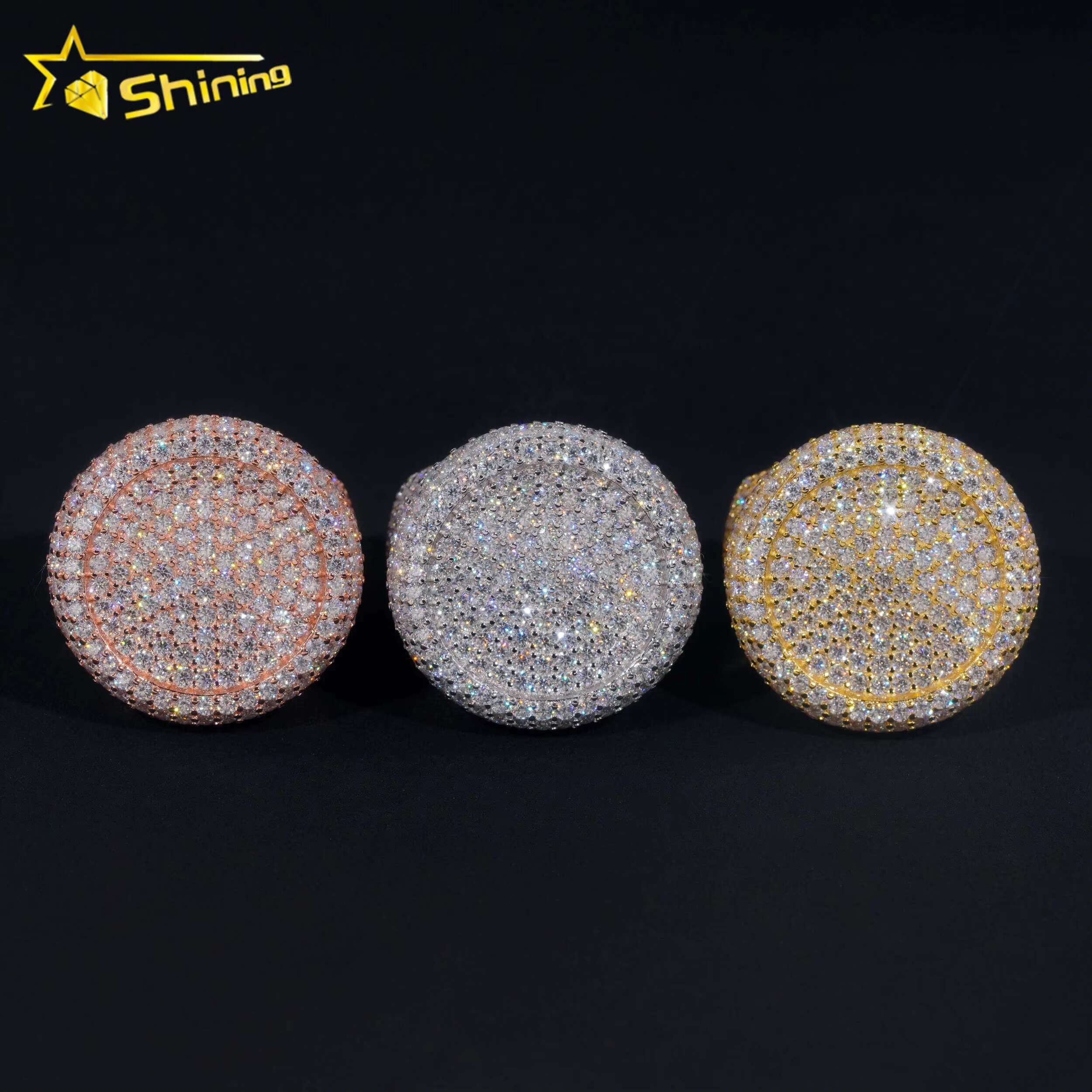 Stock Pass Diamond Tester Hip Hop Jewelry 925 Silver Fully Iced Bubble Edge Round Diamond Moissanite Men Ring Pinky Ring