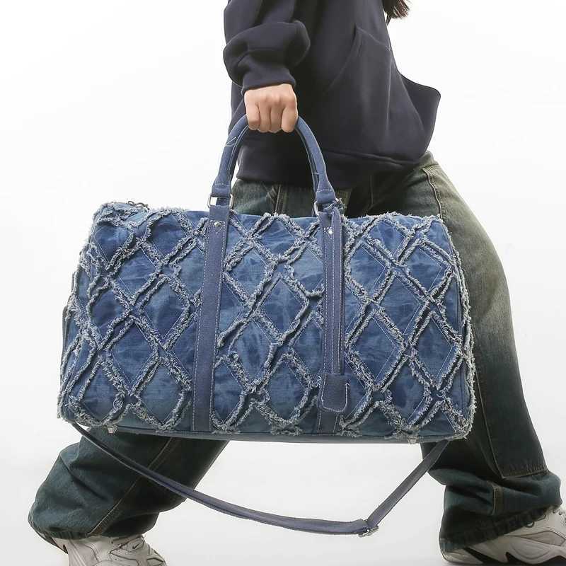 Denim Duffle Bag Fi Travel Bag Unisex Shoulder Bag Casual Gym Bag with Unique Ripped Design Large Capacity Versatile Usage Y250626