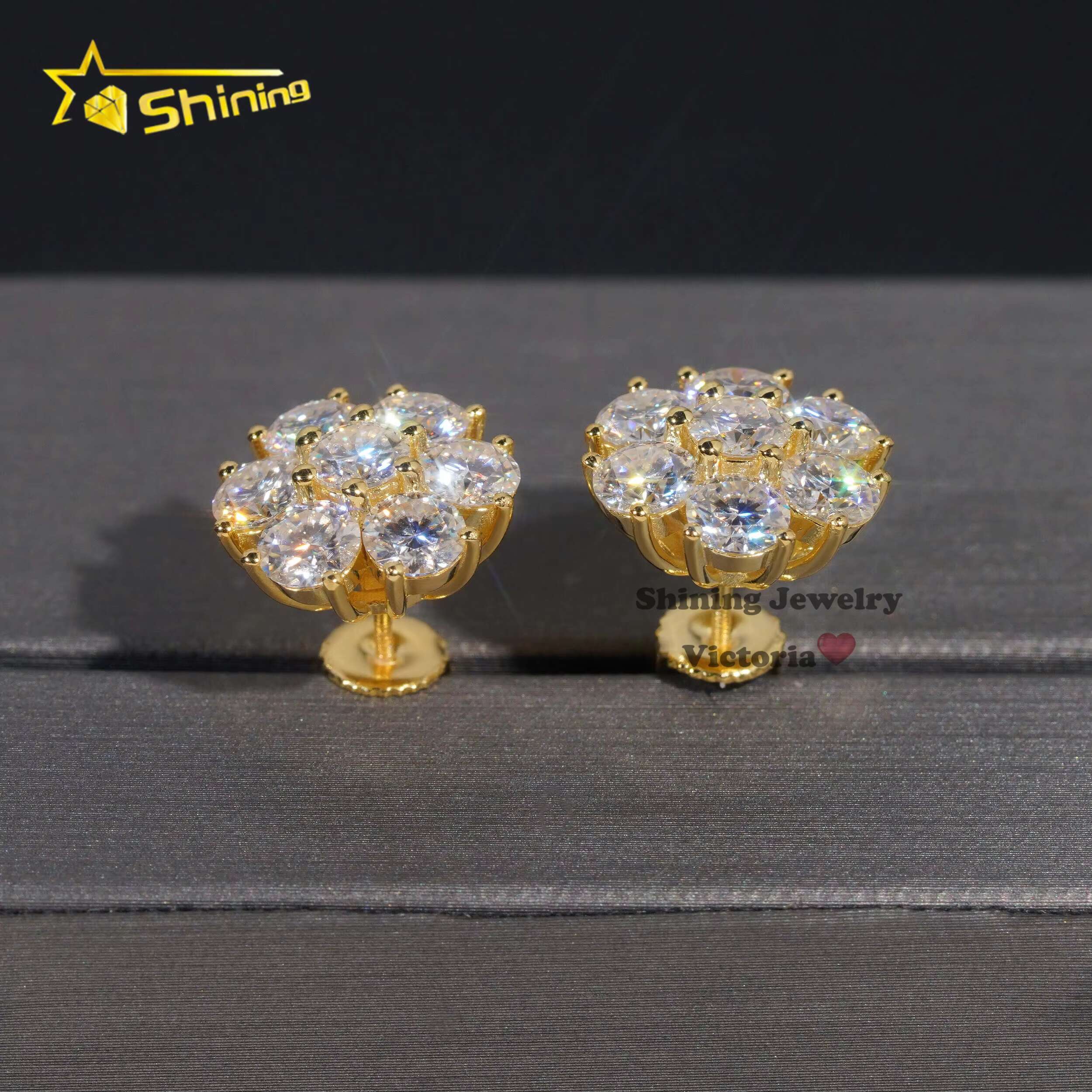Wholesale Price Hip Hop Jewelry 15MM Flower Earrings VVS Moissanite Diamond 925 Sterling Silver Gold Plated Men Stud Earrings