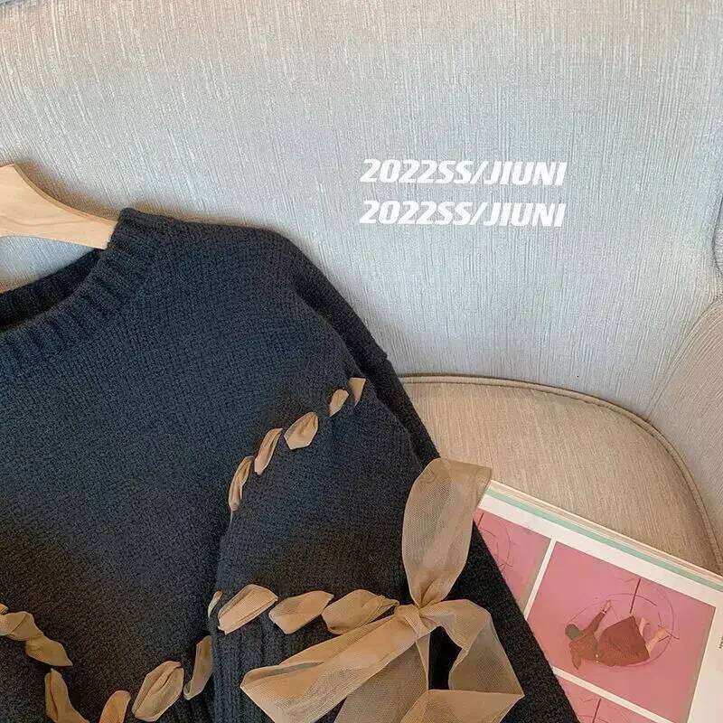 KUSAHIKI Chic Gauze Bow Bandage Knitted Sweater Casual Long Sleeve O-neck Pullovers 2023 Spring New Short Tops Female