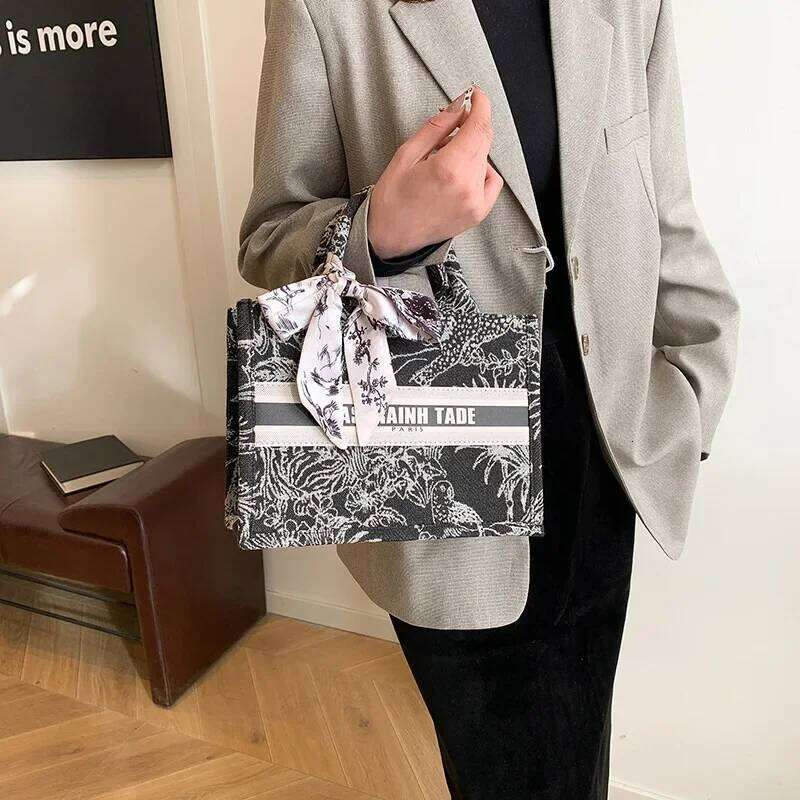 2025 New Women's Stylish Tote Bag with Silk Scarf Decoration, Embroidered, Large Capacity & Versatile, Shoulder - Carry Option
