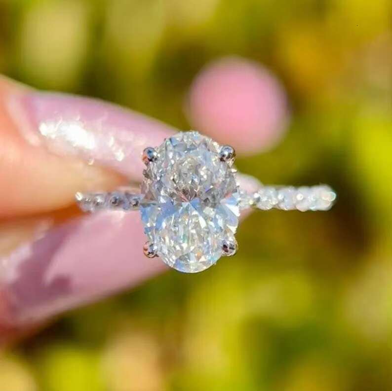 White Oval Moissanite Engagement Ring Real White Gold Plated halo Bridal Handmade Gift Women Her Oval Anniversary Ring Set