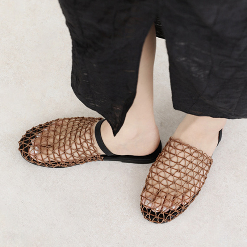 designer sandals women fishnet woven flats heels sandal fashion Summer mules Elegant Hollow Out Mesh slippers Ladies sandale