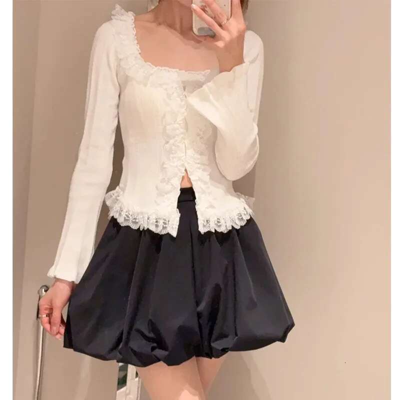 U-neck Long Flare Sleeve Outerwears Sweet Lace Fungus Cardigan Knit Sweater Japan Style Women Clothing Spring New Cardigans