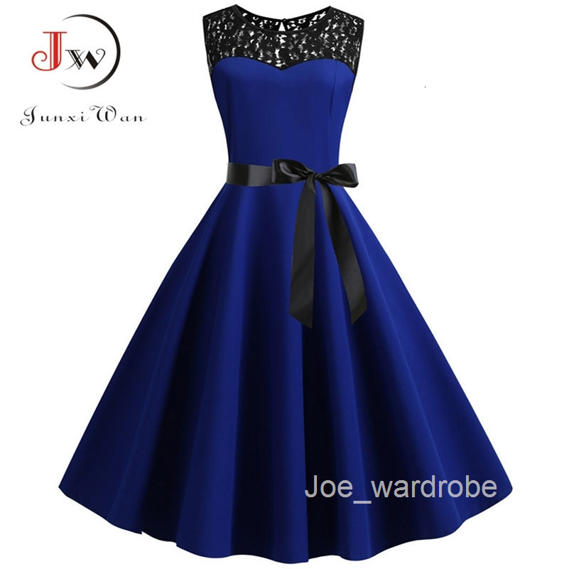 Blue Lace Patchwork Summer Dress Women Elegant Vintage Party Dress Casual Office Ladies Work Dress Plus Size