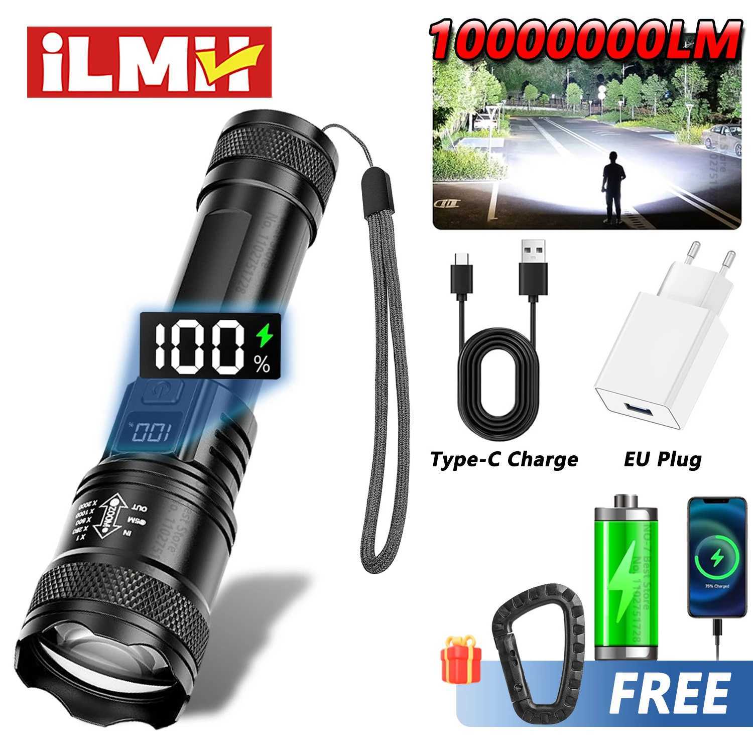 High Strong Power LED Flashlights 2000LM Tactical Torch with Display Light USB Charging Camping Fishing Emergency Zoom Lantern W250701