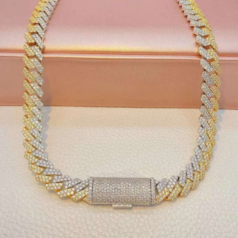 Two Tone Miami Cuban Link Necklace for Men/Women Thick iced Sterling Silver/Gold Plated Ready to Ship with Moissanite Stone