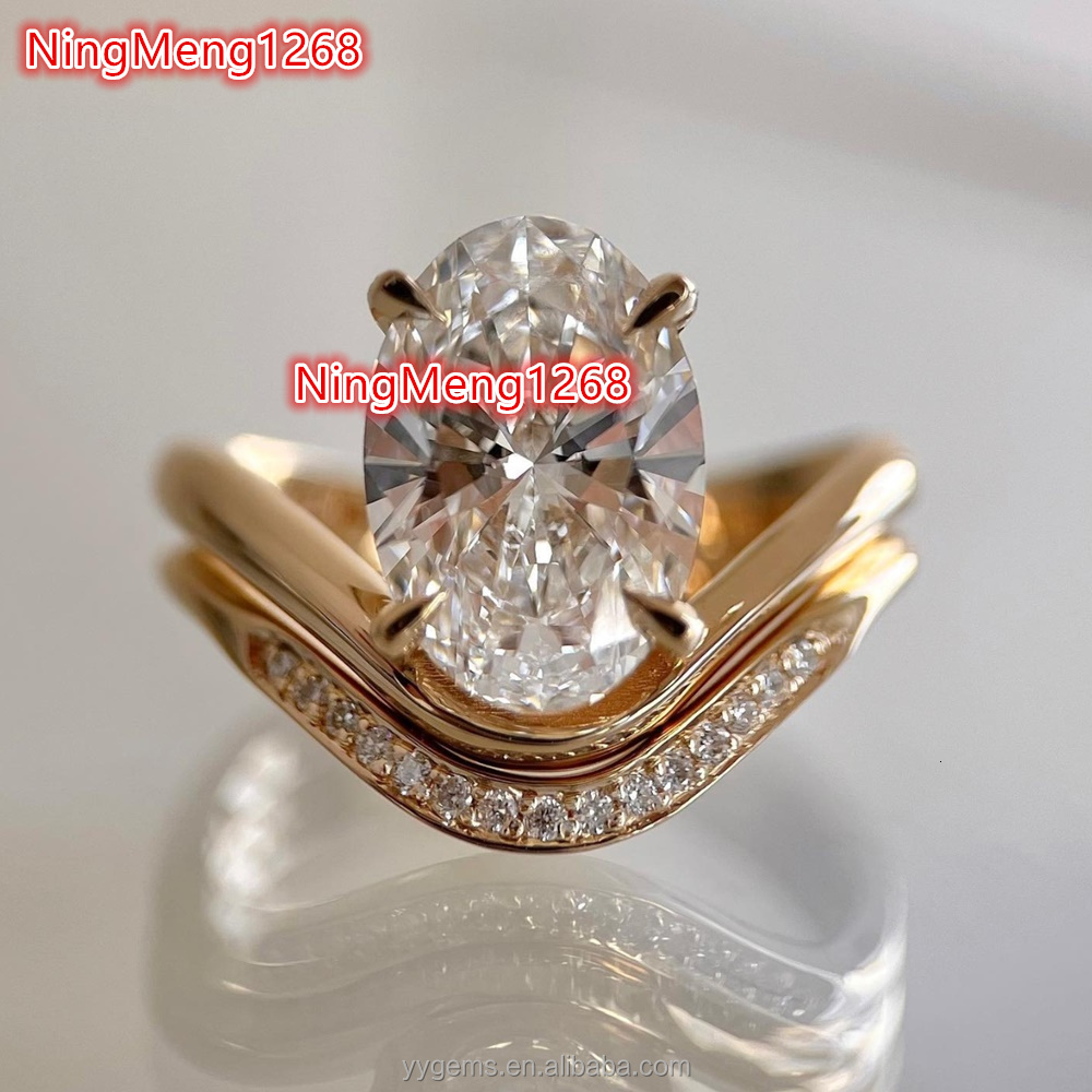 Yu Ying Custom Oval Sunrise Ring Set with 3CT Oval Moissanite Diamond 18K Yellow Gold Rings Fine Jewelry Women Wedding Rings Set