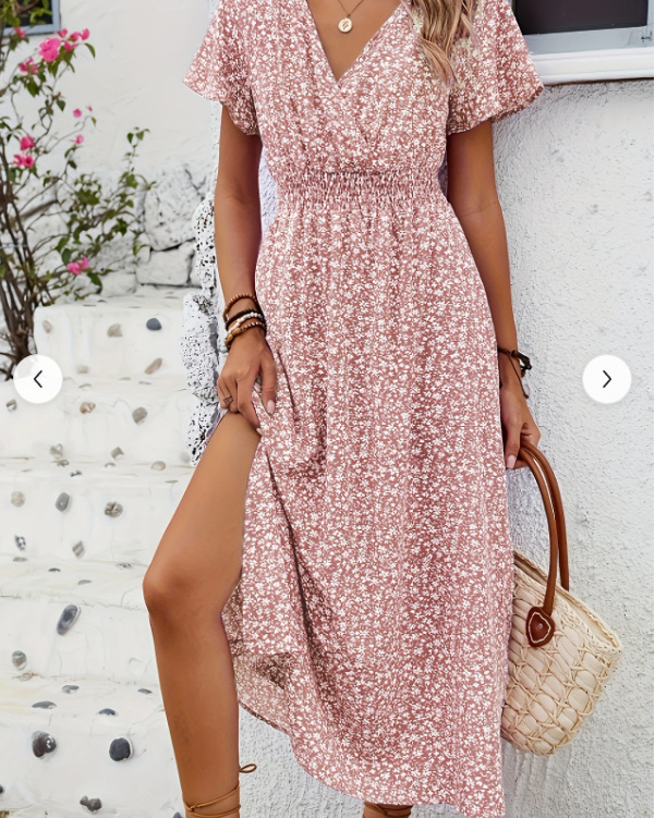 F626Cross-border new women's dress hot sale holiday V-neck elastic waist short-sleeved dress