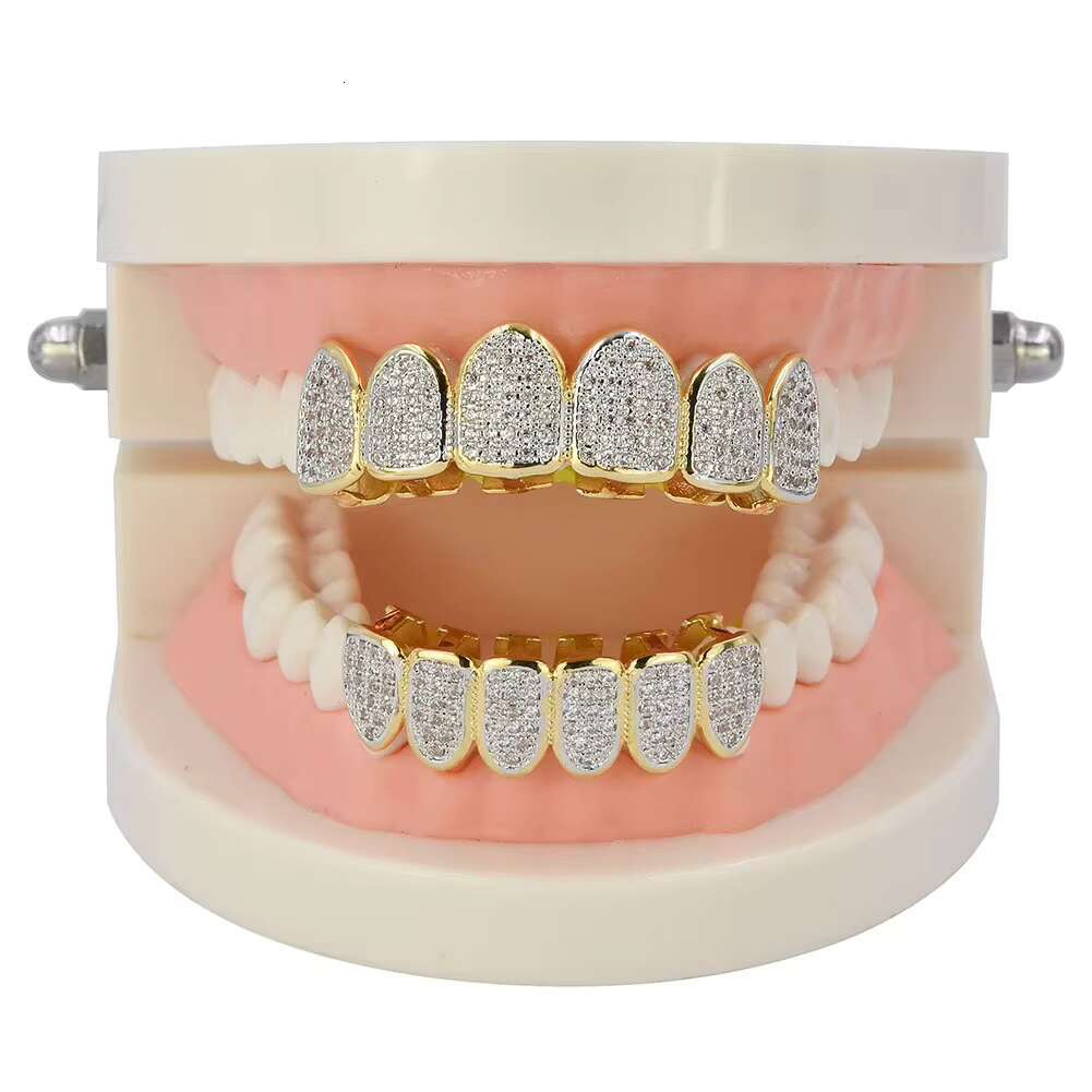 Hip Hop Iced Out Gold Teeth Grillz Set Zircon Jewelry Top Botom Grills Mens Body Bling Cubic Zirconia JewelryOACOCA