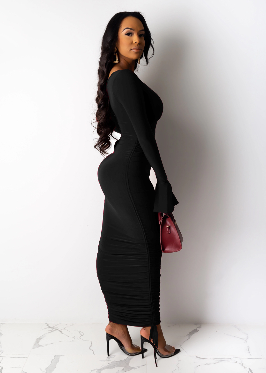 Designer women fashionable sexy solid-color flared sleeve off shoulder pleated dress basic women casual slim fitting spring autumn dress