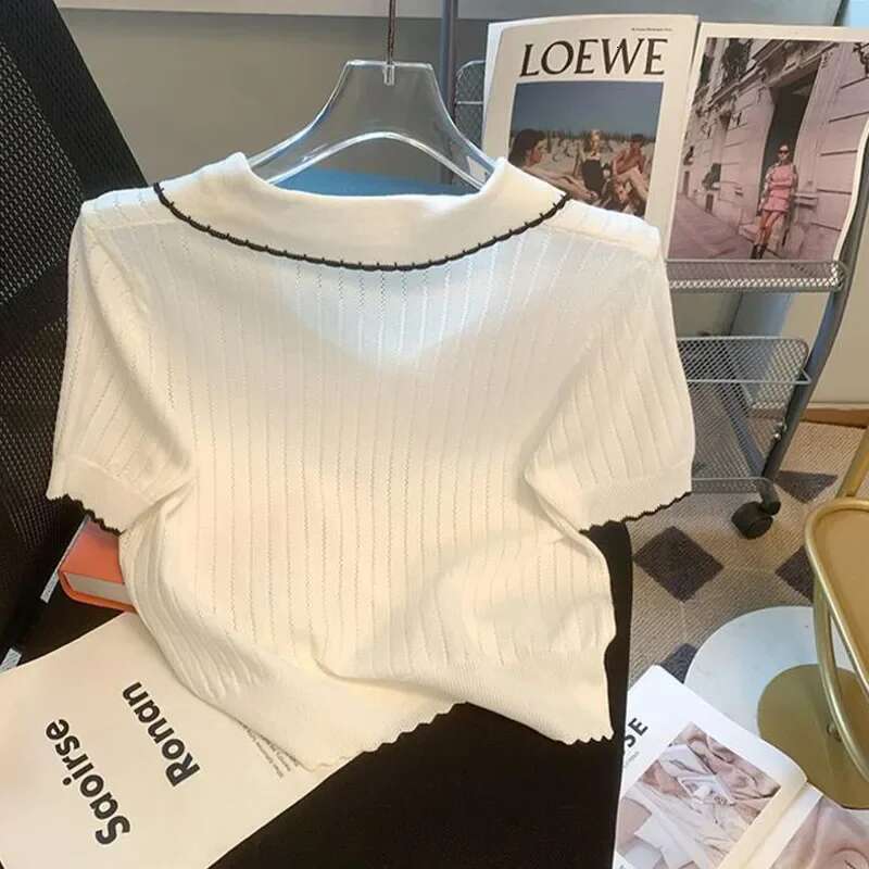 Contrast Turn Down Collar Ropa De Mujer Summer Knit Woman Clothing Moda Elegant All-match Clothes Short Sleeve T Shirt Camisetas