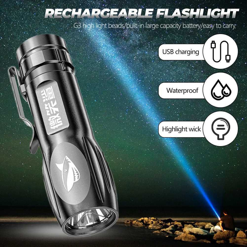 Mini Torch High Power LED Flashlight USB Rechargeable Fixed Focus Flash Lamp Portable Camping Waterproof Flashlight Lighting W250701