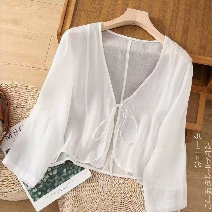 K1144 Chinese style cotton and linen sun-proof shirt cardigan loose solid color literary summer thin lace short jacket casual top