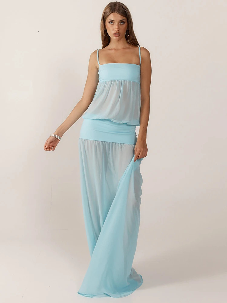 Mozision Chiffon See Through Sexy Maxi Dress Women Gown Fashion Spaghetti Strap Sleeveless Backless Draped Club Party Long Dress 250624