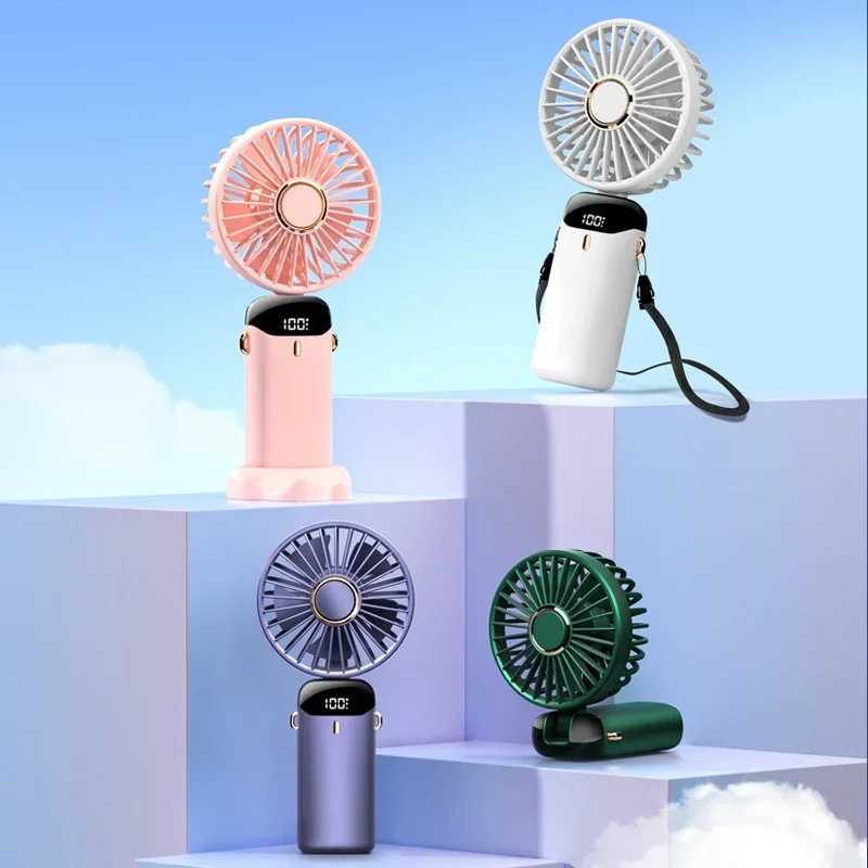 Portable Handheld Mini Fan 3000mAh Foldable Neck Hanging Fans 5 Speed Adjust USB Charge Fan with Phone Stand and Display Screen T250626