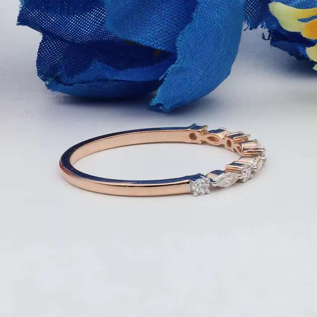 Solid 14k Gold Marquise Round Diamond Wedding Band Classic Eternity Ring with Stackable Real Diamonds