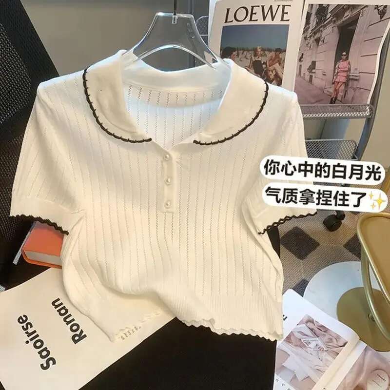 Contrast Turn Down Collar Ropa De Mujer Summer Knit Woman Clothing Moda Elegant All-match Clothes Short Sleeve T Shirt Camisetas