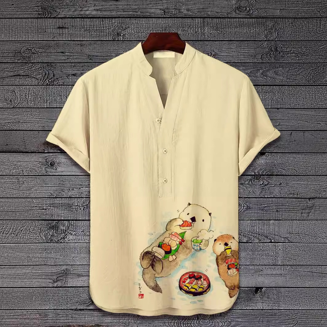 Men Summer Shirts Short Sleeve Shirt Casual Style New 3D Digital Heat Transfer Printed Animal Landscape Pattern 3-Button Stand Collar Short Sleeve Shi