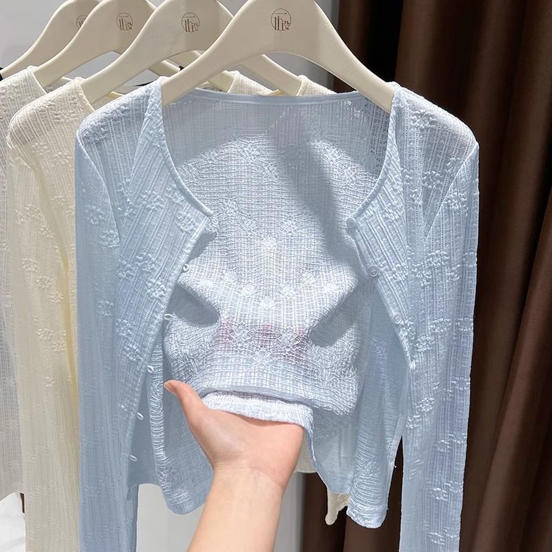 K1143 Ice silk super fairy small shawl sun protection clothing for women fat mm summer hollow outer matching suspender skirt air conditioning blouse
