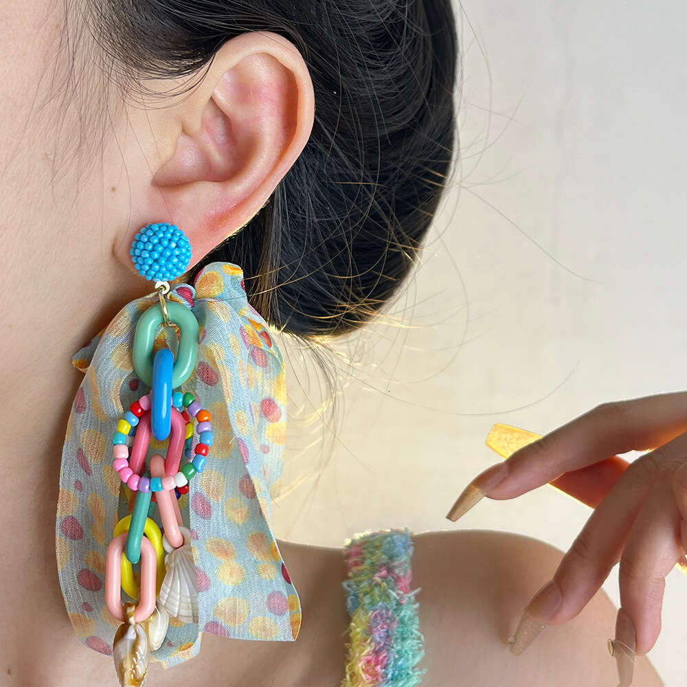 Dopamine Colorful Polka Dot Chiffon Bowknot for Women, Designer Style Rice Bead Long Hoop Shell Tassel Earrings