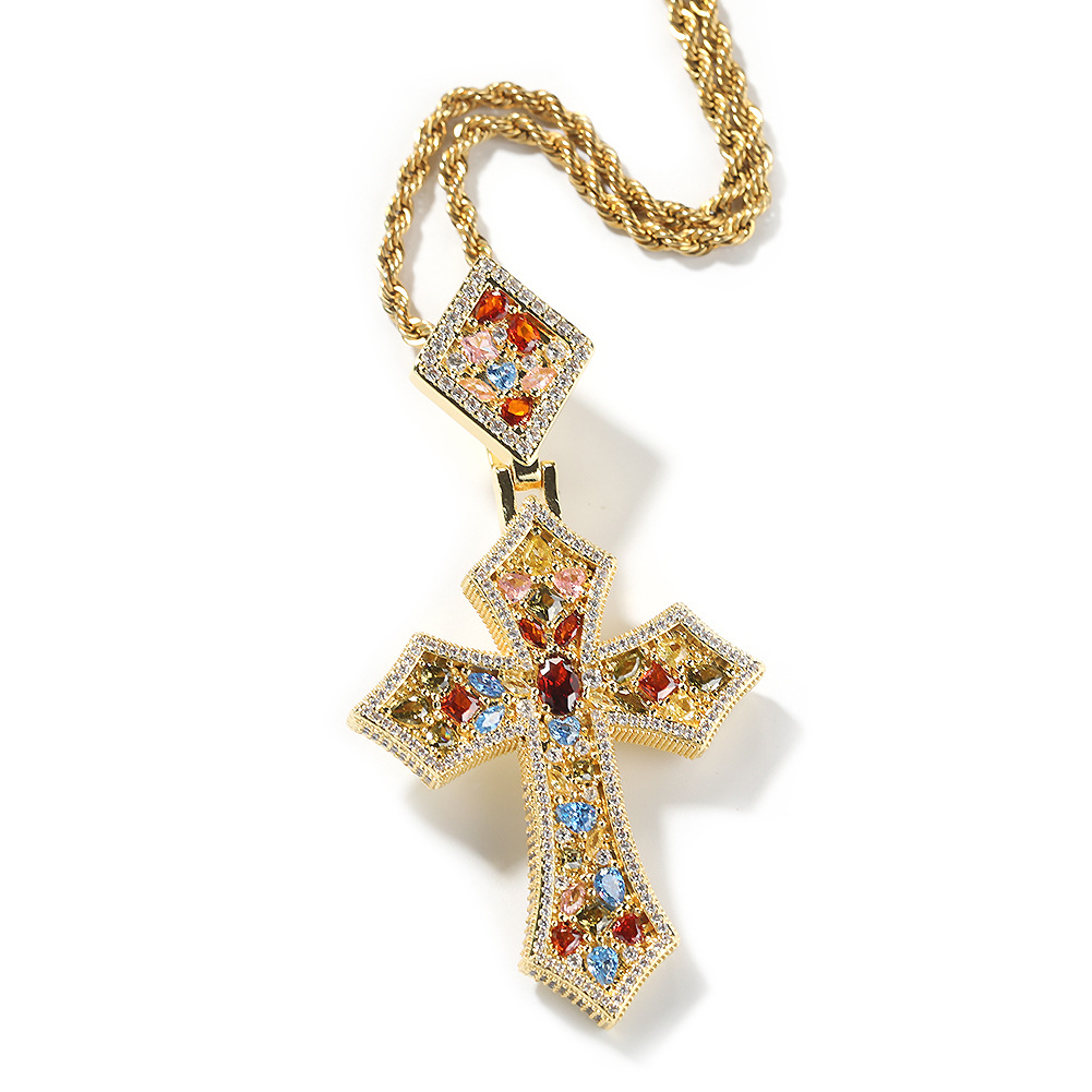 Hip Hop Rhombus Clasp Cross Pendant Necklace Colorful 5A T Zircons Women Mens Religious Jewelry