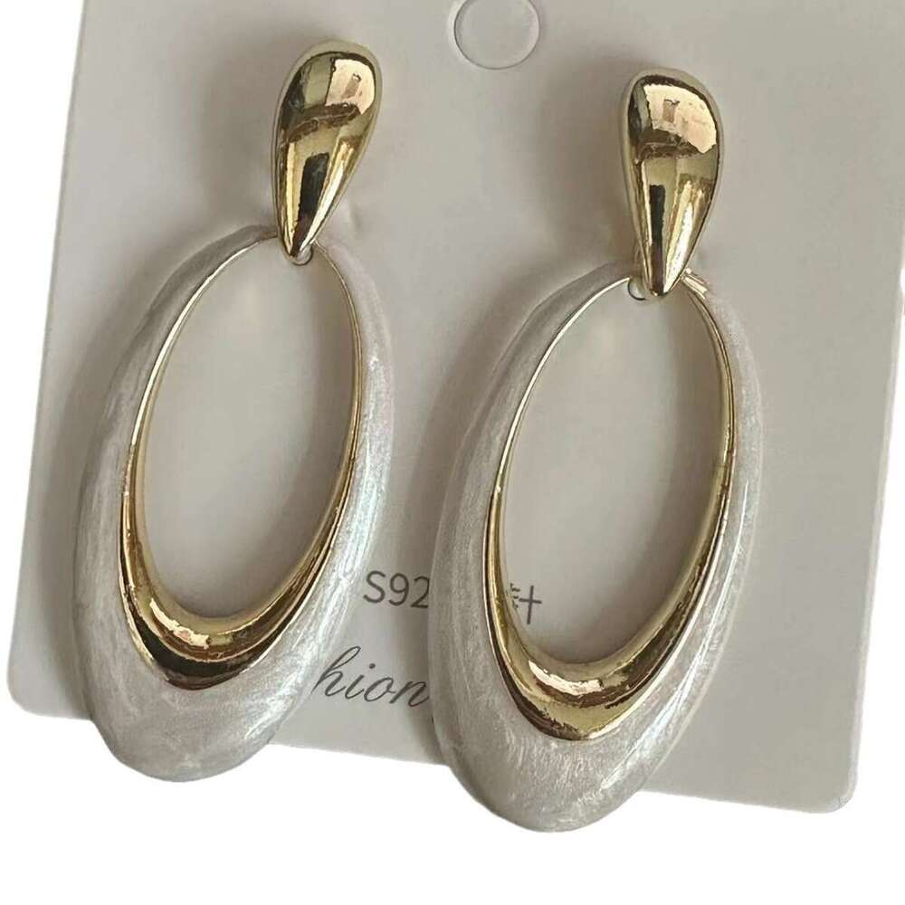 DHCollections Enamel Geometric Earrings - Oversized Hollow Pearl White Dangle Earrings with Shell Motif (2025 Minimalist Statement Jewelry)