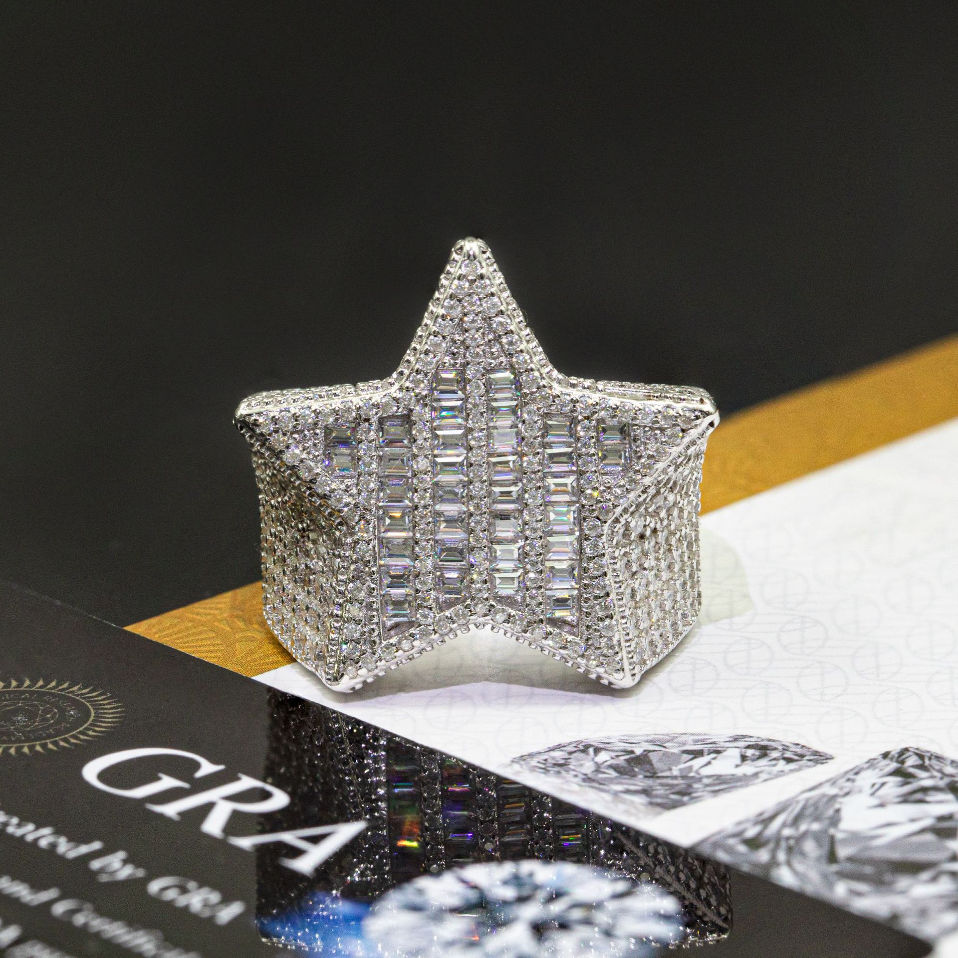 Star Shape Design Ring Baguette Hip Hop Rapper Jewelry Full Iced Out Moissanite Diamond 925 Silver Men Ring