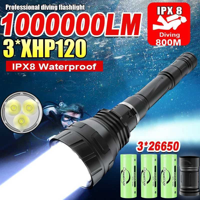 NEW 3*XHP120 Underwater Lantern IPX8 Diving flashlight 3*26650 Professional Scuba Diving Torch High Power Diving Waterproof Lamp W250701